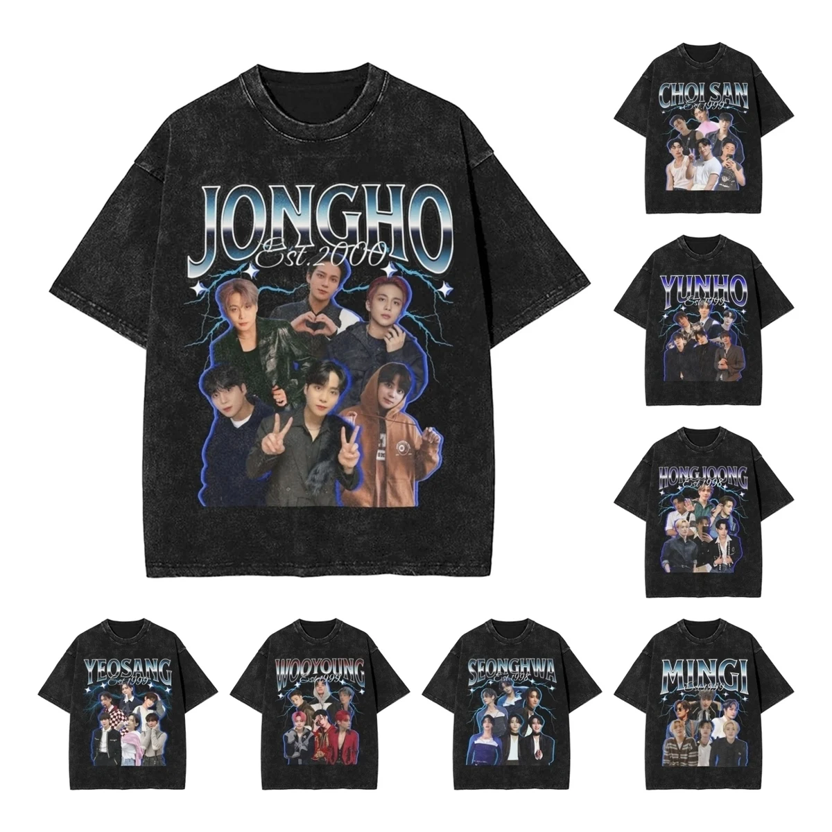 Jongho 90s Ateez Kpop Band T Shirts Washed Short Sleeve Oversize T-Shirt for Men Women Tops Streetwear Printed Tops Tees