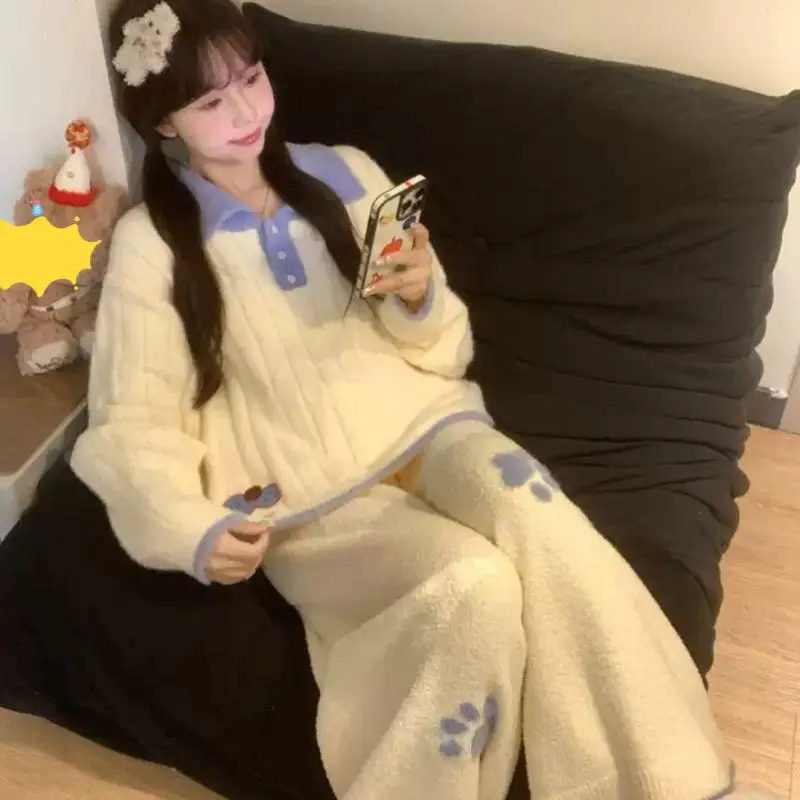 Pijamas de media pila con solapa para mujer, ropa de dormir cómoda y bonita para otoño e invierno, pijama grueso de manga larga, traje para casa de estilo preppy