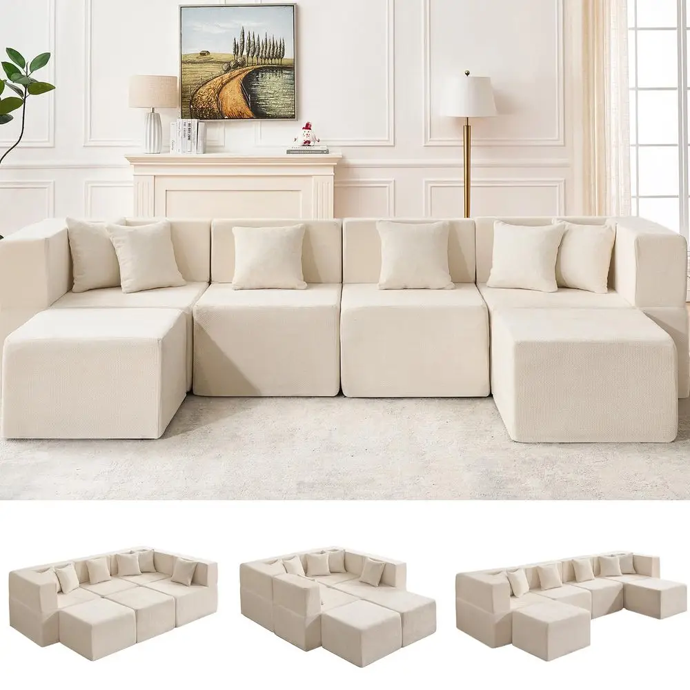 

Modular Sectional Cloud Couch for Living Room 130 6 Seater Convertible Chenille Couches Set with Ottoman, No Assembly Compressi