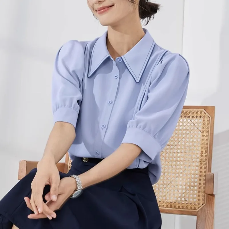 

Women's Light Blue Puff Sleeve Blouse Double Pointed Collar H-Line Office Work Shirt Summer Top