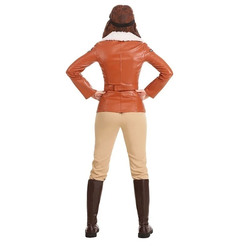 Retro Brown Leather Jacket Halloween Costume For Adult Women Air Force Pilot Aviation Uniform Kids Group Cosplay Hat