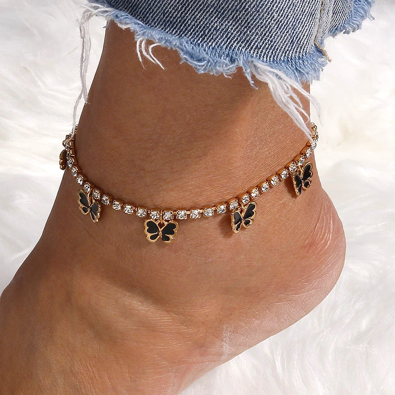 Aihua Kristall-Strass-Tenniskette Fußkettchen für Damen, niedliches Mini-Schmetterlings-Fußkettchen, Fußkettchen, Beinarmband, Strand-Schmuck – Detail 14