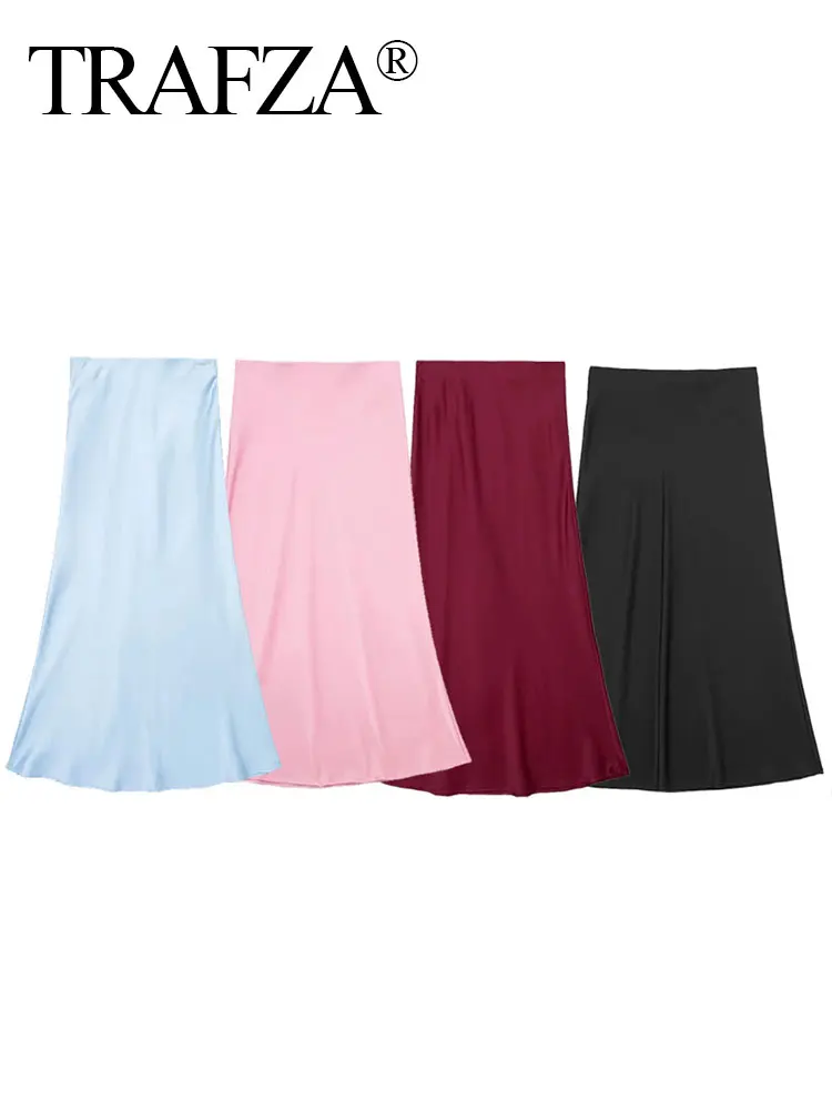 TRAFZA Skirt For Women Elegant Pink Skirts High Waist Slim Elastic Waist Satin Long Skirts 2024 Summer Casual Y2k Skirt Mujer