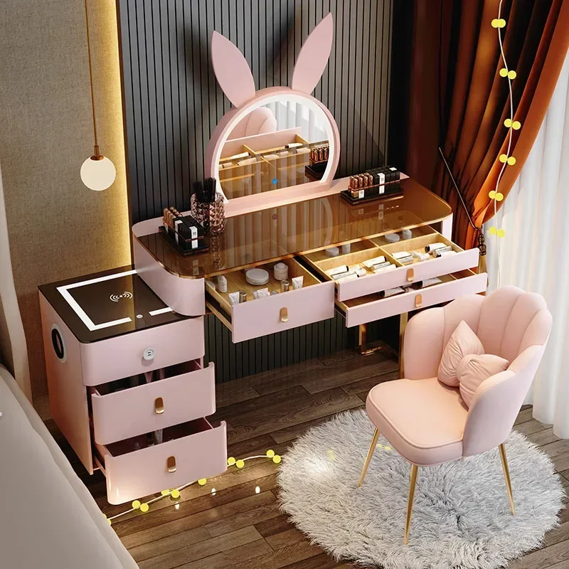 

Nightstand Wood Mobile Dressers Mirror Pink Coffee Chair Storage Drawers Dressers Vanity Tavolo Da Trucco Bedrooms Furniture