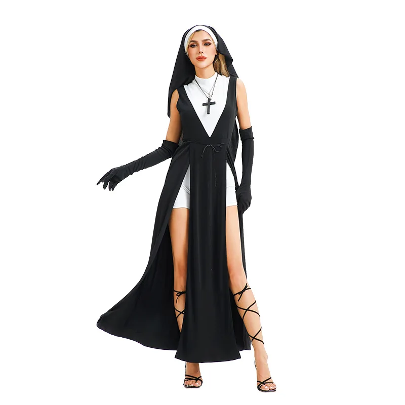 Disfraz sexy de Halloween, disfraz de monja, vestido virgen cruzado, disfraz de espectáculo de Pascua