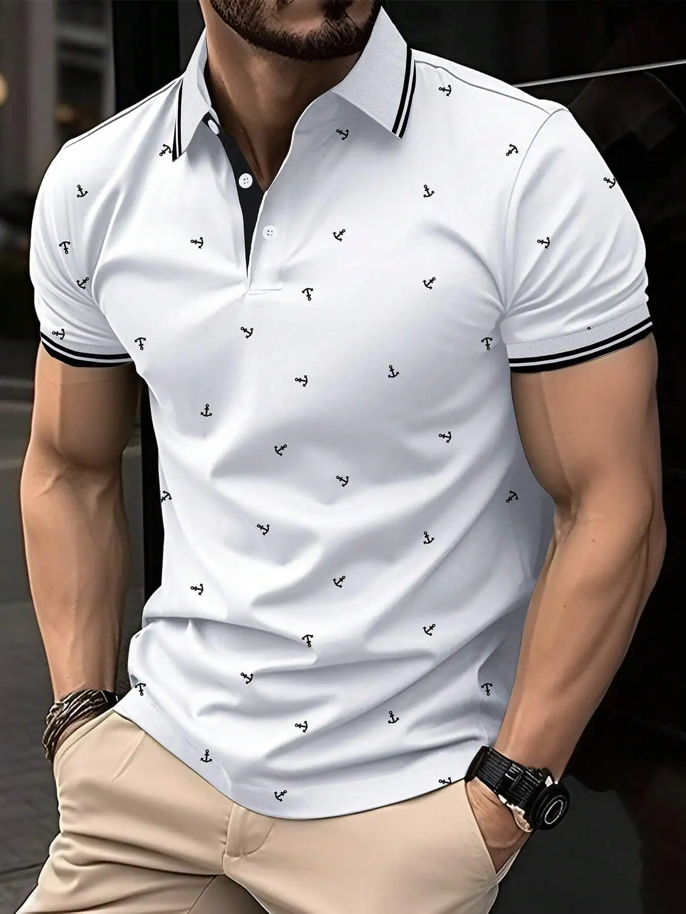 

Men's White Anchor-Printed Short Sleeve Polo Shirt, Casual Summer Wear