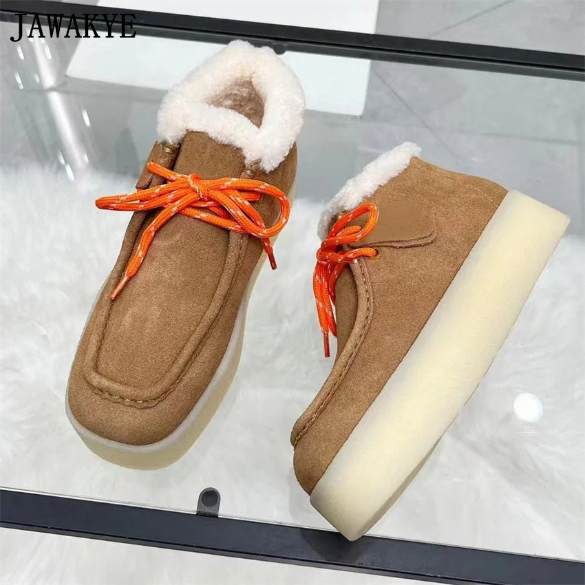 Kid Suede Women Flat Loafers Shoes Thick Sole Lace Up Wool Platform Shoes Winter Causal Party Vacation Walking Shoes For Women