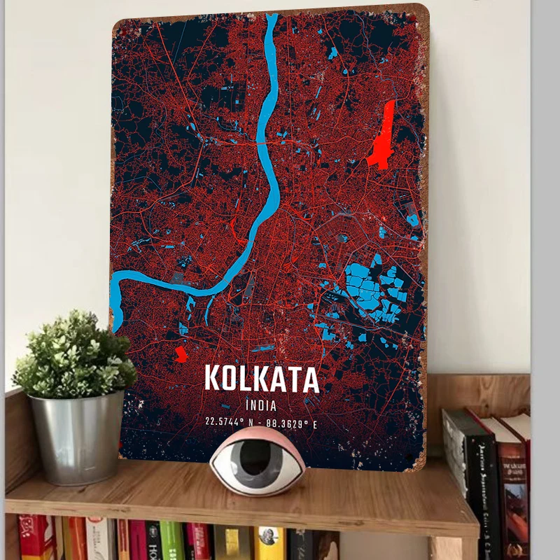 Kolkata India City Map Metal Wall Art Modern Home Decor Unique Urban Street Map Metal Sign