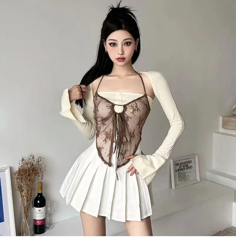 2024 New Style Sexy Long Sleeve Top Ladies Retro Chic Korean Style Cropped Fake 2 Pieces Spring Outfits Women Lace Halter Top