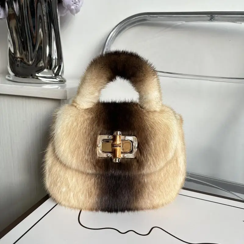 Light Luxury Fashion Imported Mink Hair Whole Skin Bamboo Bag Custom Aristocratic Brand Single Shoulder Crossbody Bag For Women