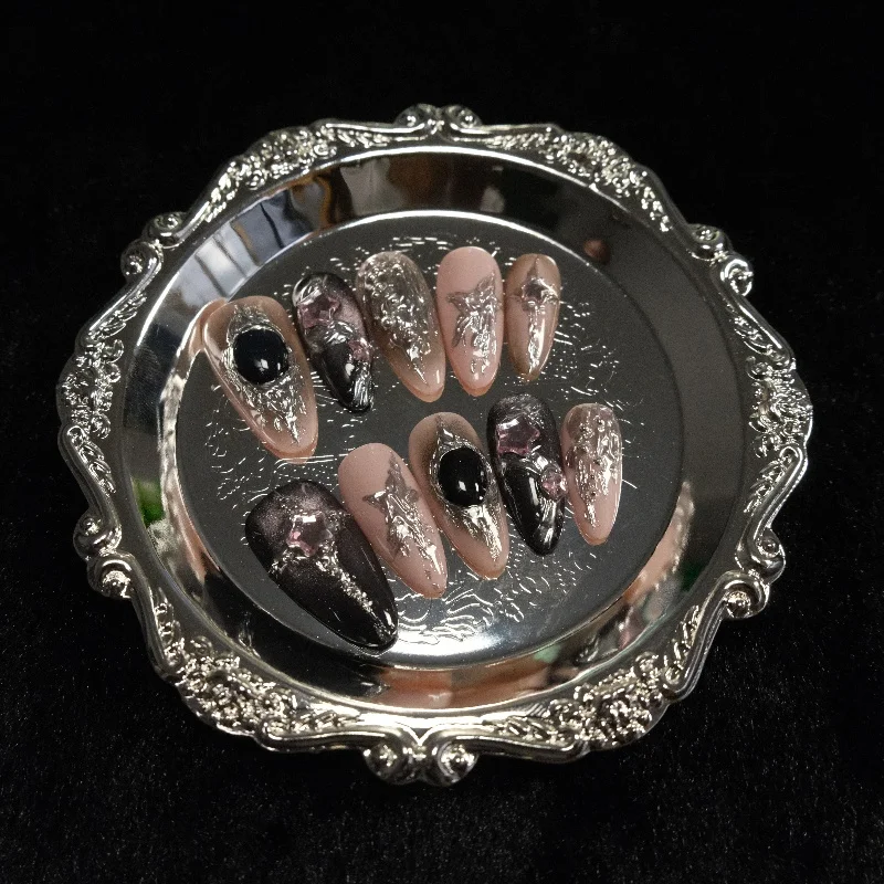 

10PCS Y2k Almond Press on Nails Sweet Cool Pink Metal Silver Star Patterns 3D Crystal False Nails Black Cat Eye Handmade Nails