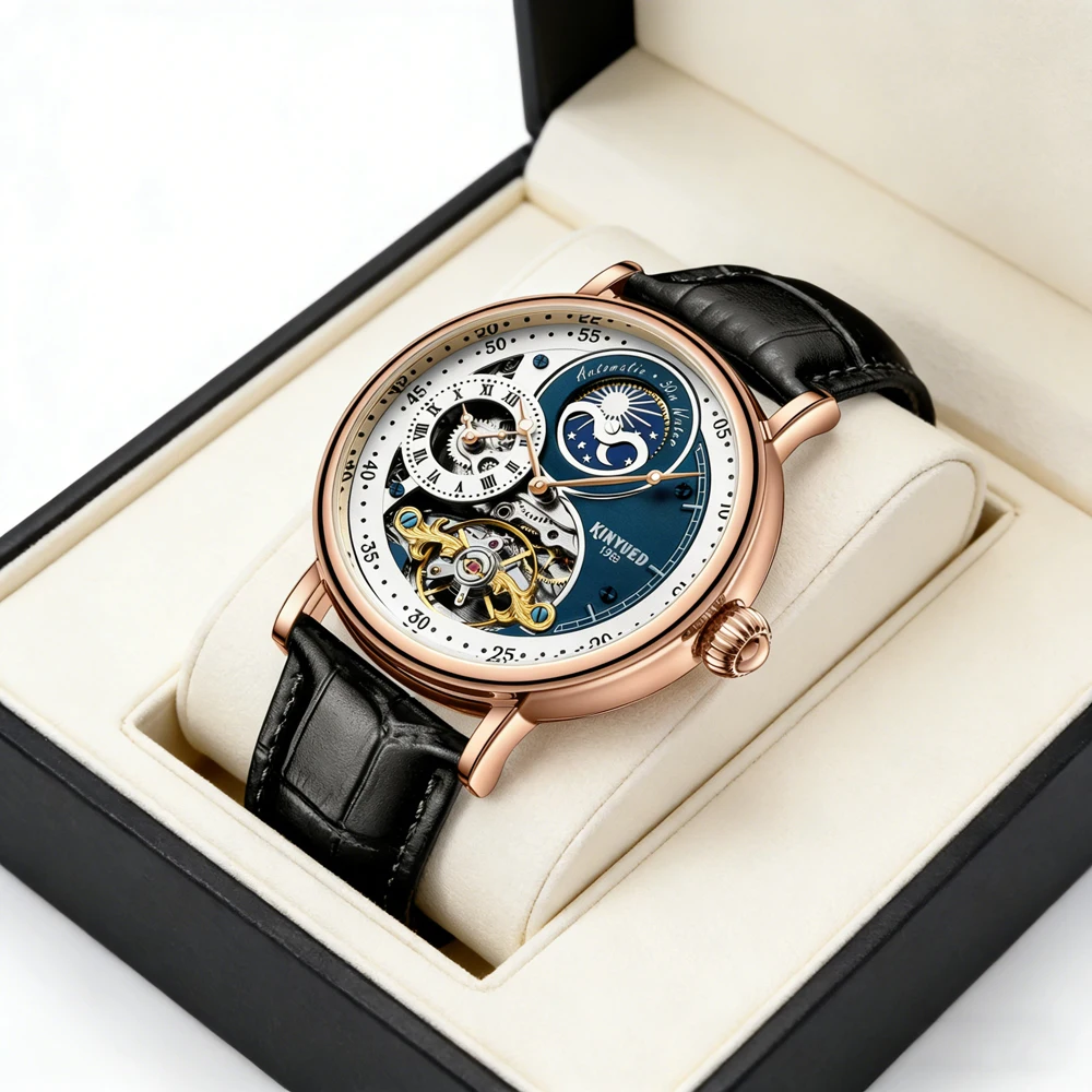 

KINYUED Unique Dual Time Zone Hollow Automatic Mechanical Watch Men's Business Leather Strap Waterproof Luxury Tourbillon Watch
