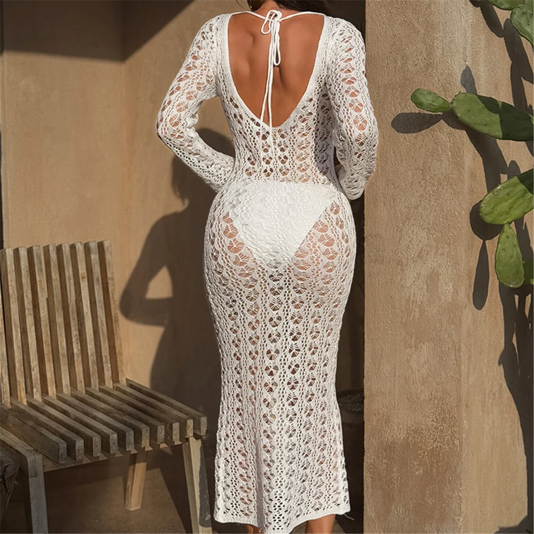 2026 Langarm-Strick-Tunika mit Ausschnitten am Rücken, rückenfreies Strandkleid, Strandmode, Strandbekleidung, Strand-Cover-up, Damen V6551 – Detail 12