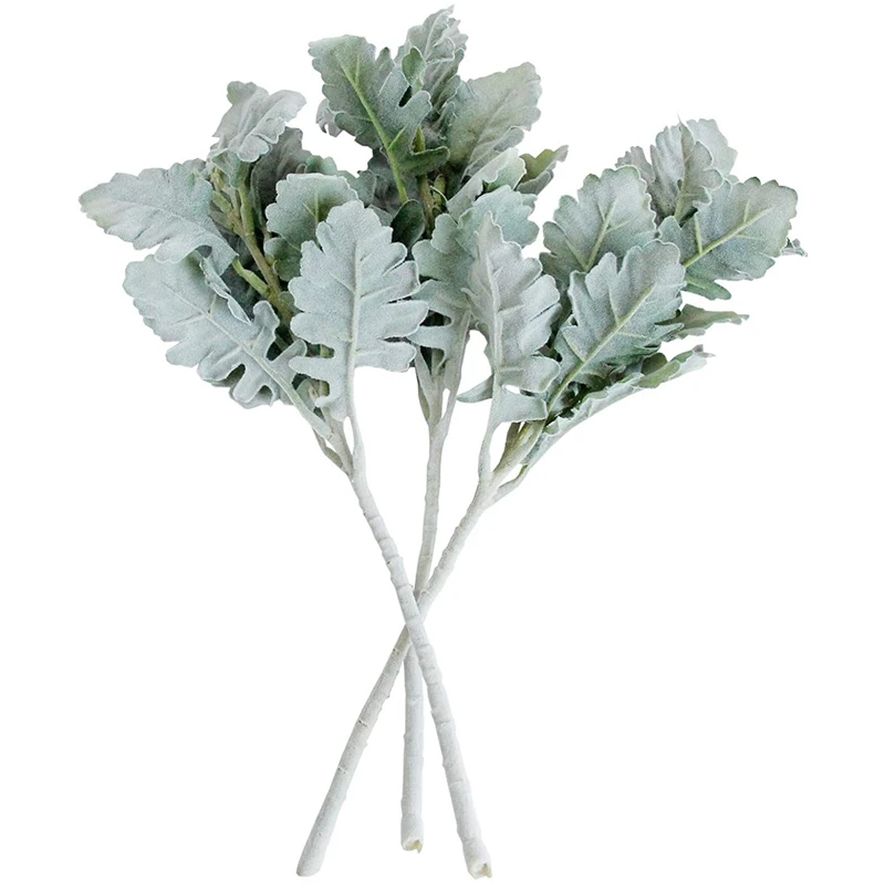 Artificial Flocked Lambs Ear Leaves Dusty Miller Stems Flocked Oak Leaves Lamb's Ear Leaf For Home Wedding