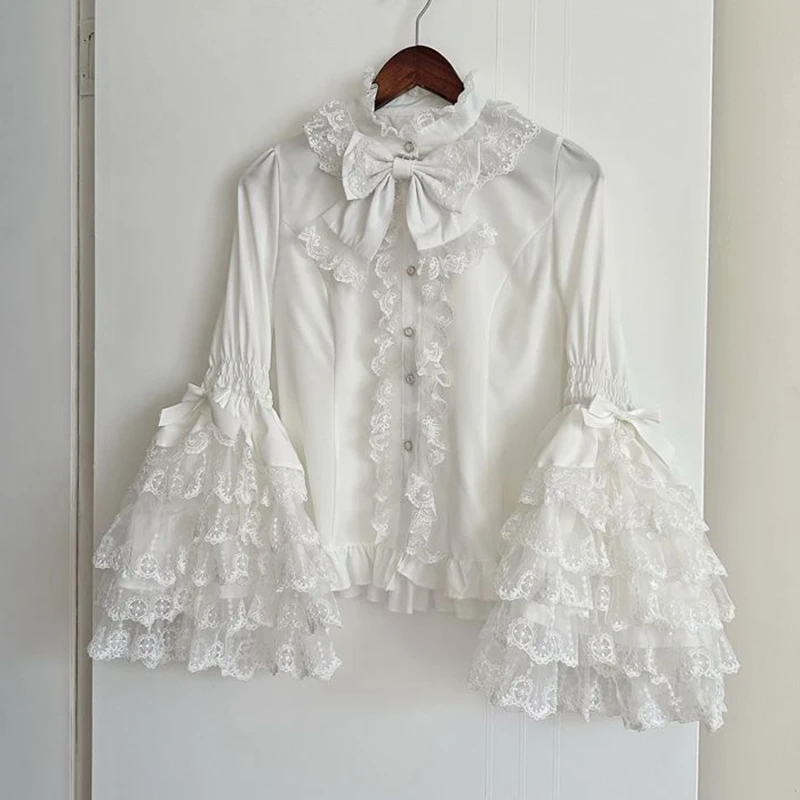 Japanese Lolita Shirts Women Sweet Kawaii Bow Lace Patchwork Bottoming Blouse Cute Button Long Sleeve Spring Summer Harajuku Top