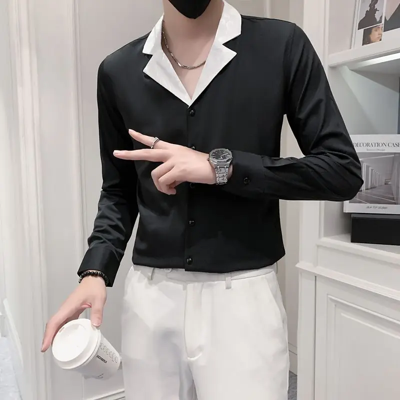 Spring Autumn New Fashion Turn-down Collar Long Sleeve Contrast Color Men\'s Clothing Blouse Trend Simplicity Slim Korean Shirts