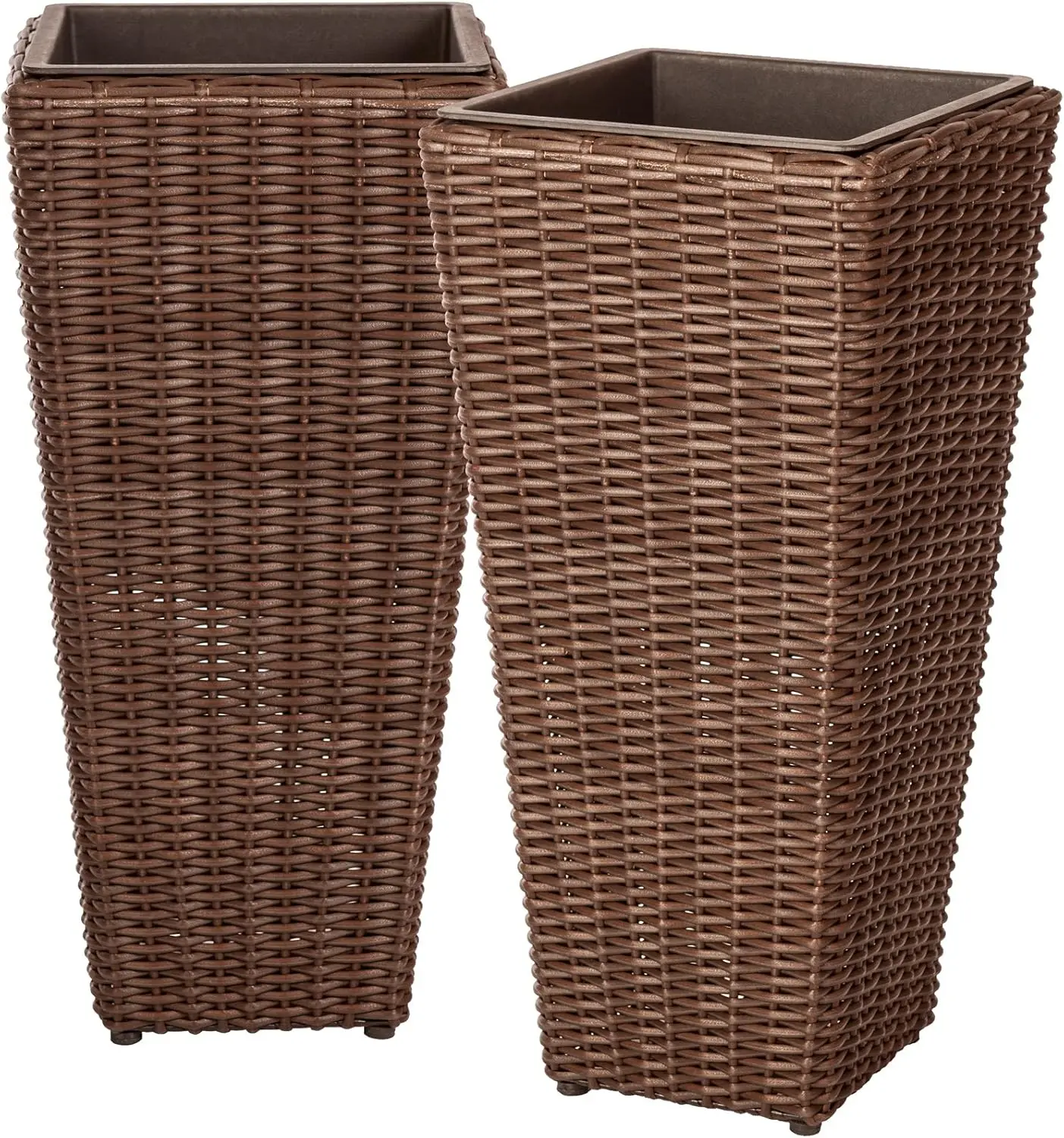 

Wicker All-Weather Planter Set with Liners Tall Plant Decor Box for Outdoors Patio Herb Garden Furnishings - Mocha - Pack of 2
