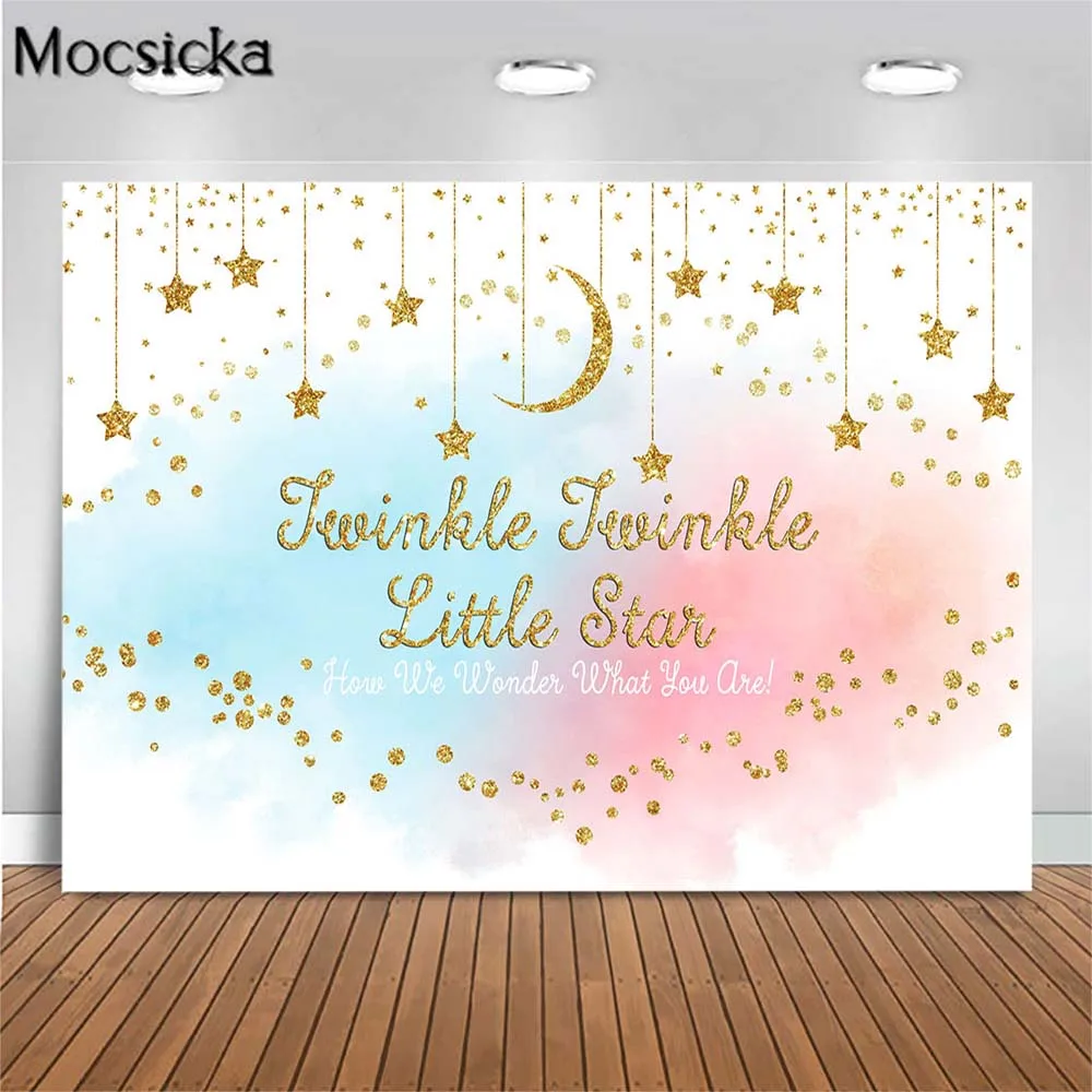 

Mocsicka Blue and Pink Gender Reveal Backdrop Baby Shower Gold Twinkle Little Star Moon Photography Background Studio Photoshoot