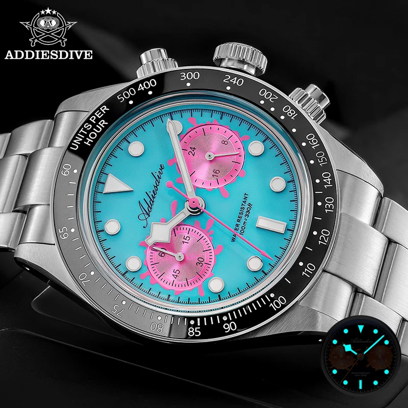 

ADDIESDIVE New VK64 Chronograph Men Watches Ceramic Bezel Luminous Luxury Quartz Wristwatch Domed Glass 100m Waterproof Diving