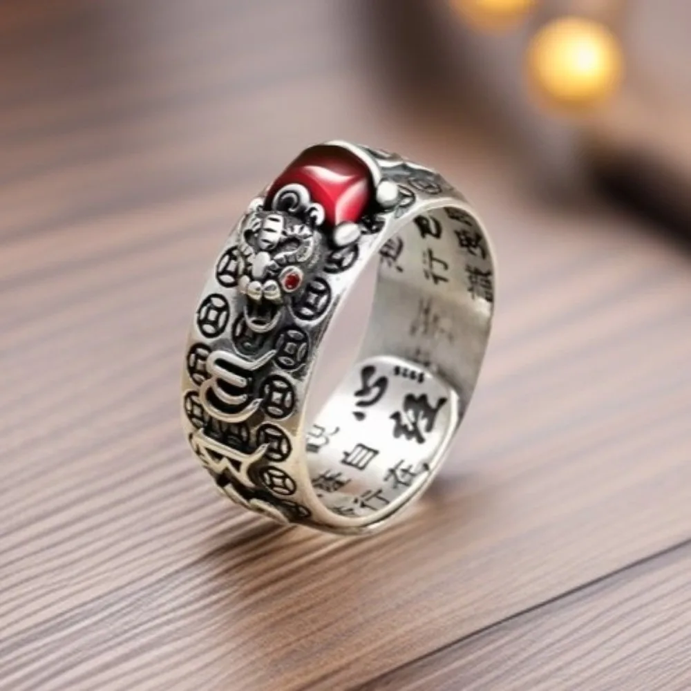 Elegant Chinese Pixiu Ring Silver Plated Unisex Wealth Amulet Ring Adjustable Portable Lucky Jewelry Ring Amulet Protection