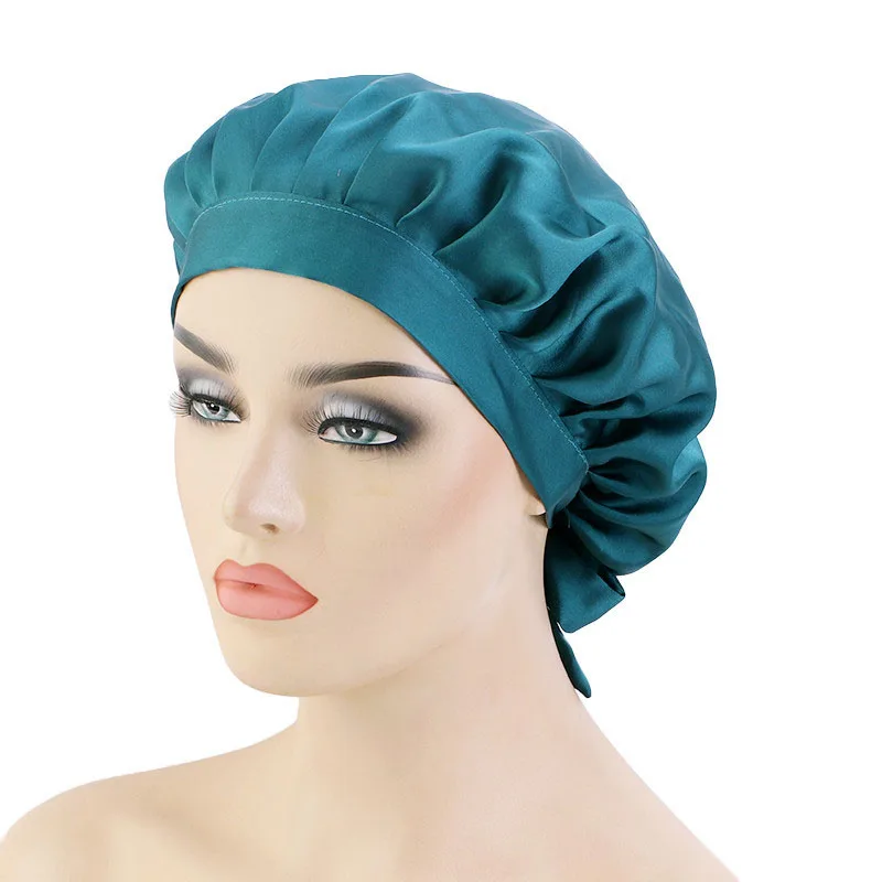 Silk Satin Solid Color Night Sleep Cap Hair Care Bonnet Nightcap For Women Turban Chemo Caps Long Tail Elastic Band Headcover