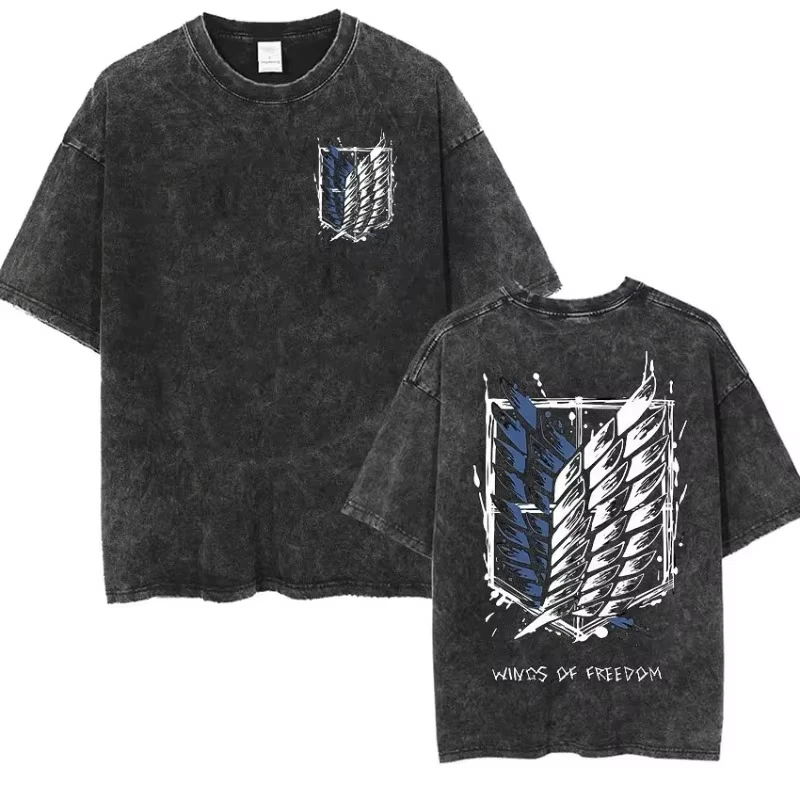 Anime Attack Titan Retro Wash Printed T-shirt Mikasa Ackerman Eren Jaeger Free Wings Pattern Men's Summer T-shirt