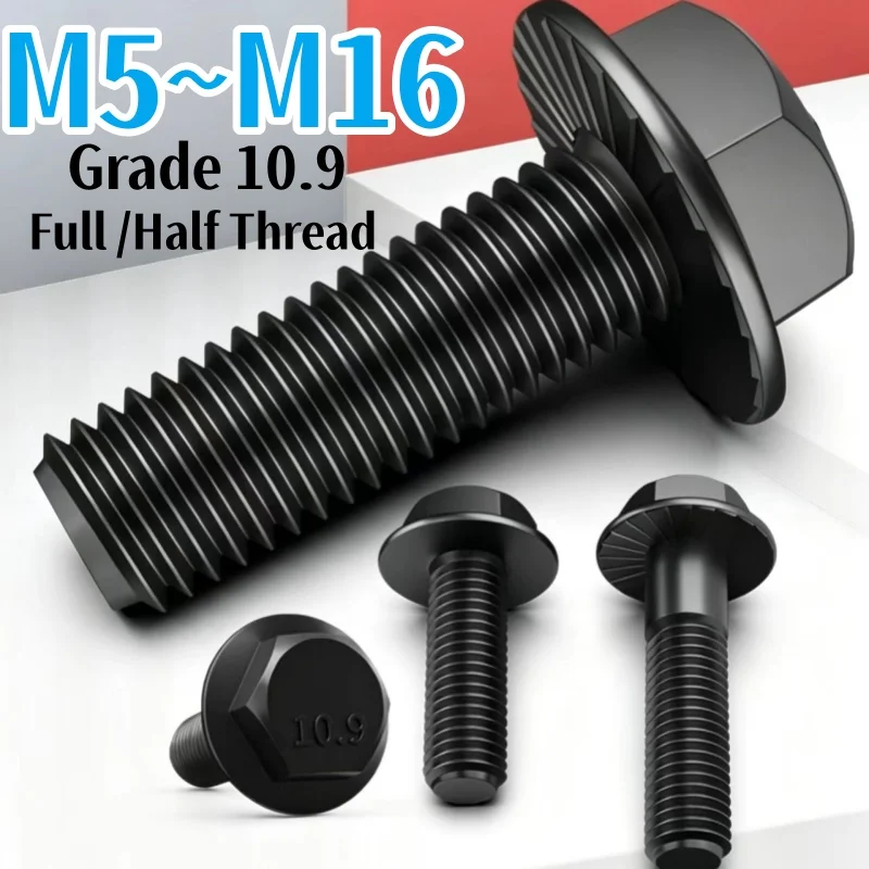 M5 M6 M8 M10 M12 M14 M16 Black Grade 10.9 Outer Hexagon Toothed/Flat Flange Bolt Hex Washer Head Bolts Flange Cap Screw Fastener