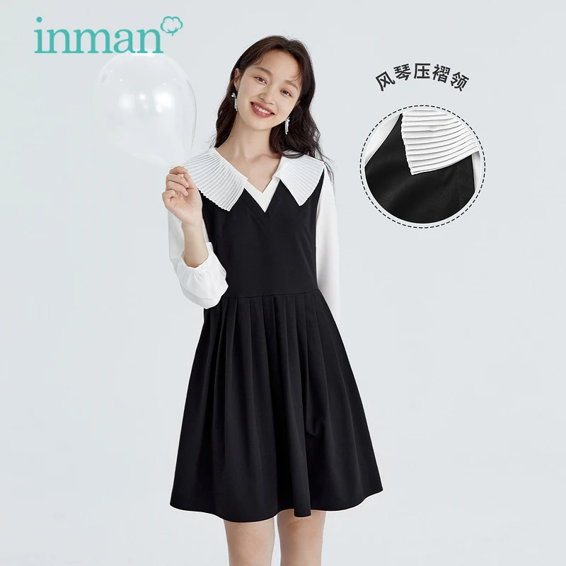 

INMAN Women's Dress Casual Spring Dress Pleated Lapel Female Dress Retro Chic Contrast Color Vestidos Elegant Dresses For Women