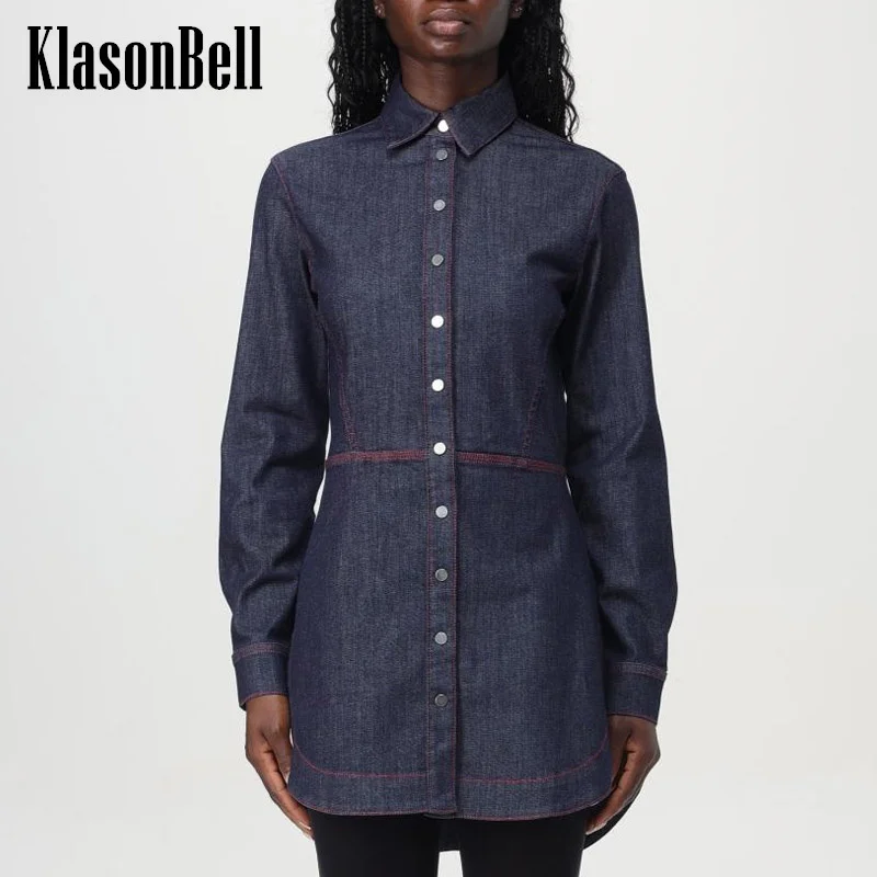 

8.24 KlasonBell Women Fashion Stitched Line Collect Waist Denim Shirt Dress Long Sleeve Single Breasted Blue Mini Dress