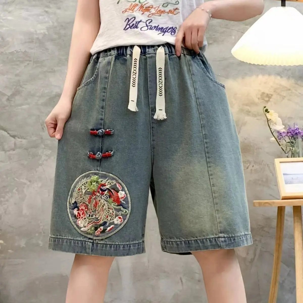 National Embroidery Knee-length Denim Shorts 2026 Summer Women Chinese Style Knot Button High Waist Shorts Female Denim Shorts