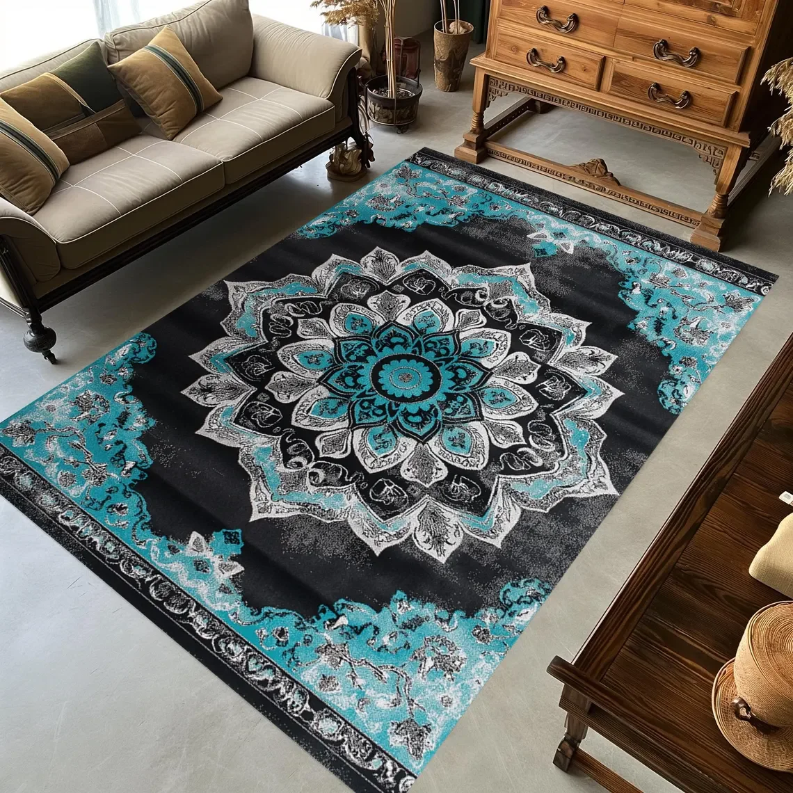 

Floral Mandala Area Rug Teal Bohemian Carpet Washable Entryway Doormat for Bedroom Living Room Kitchen Mat