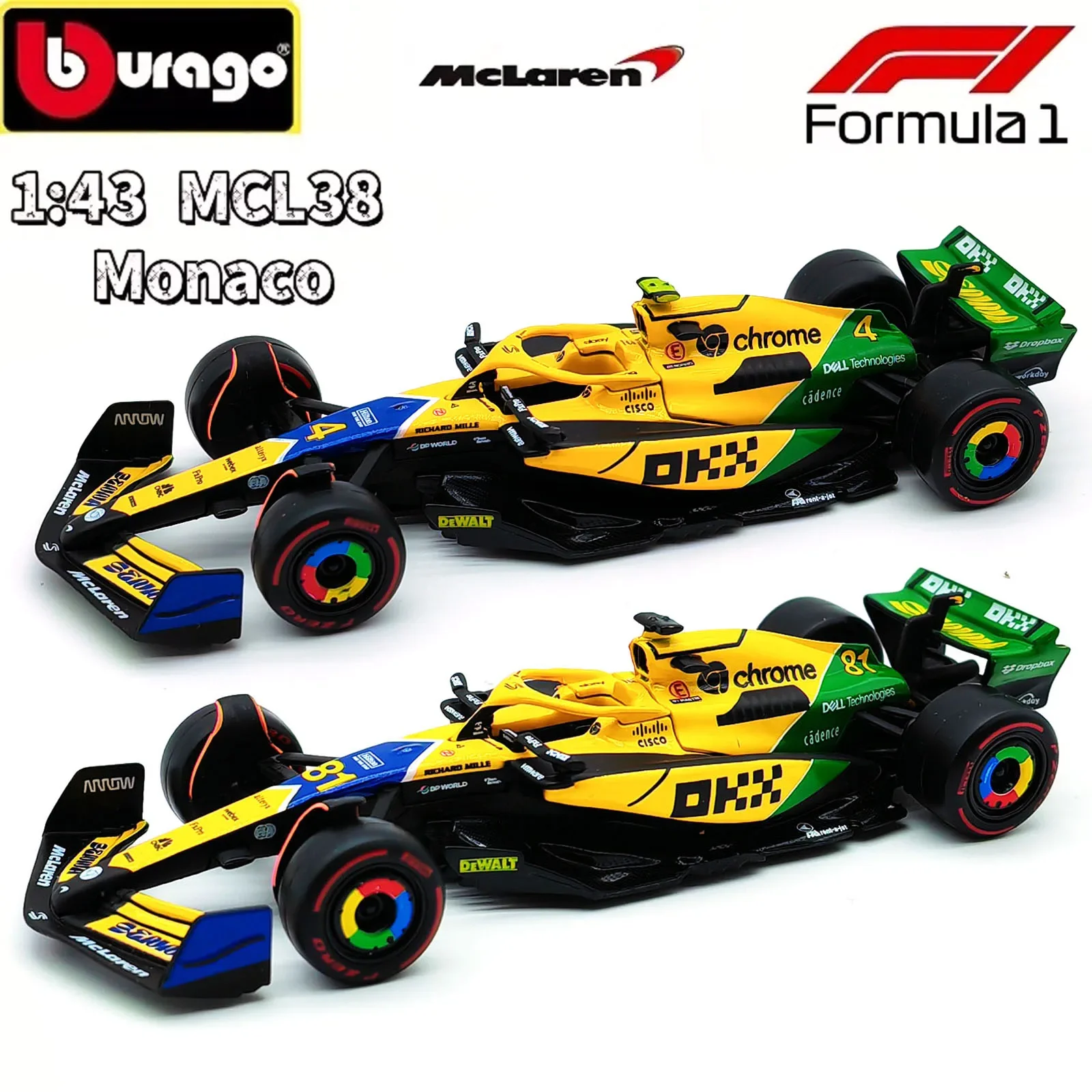 ブラーゴ-ダイキャストトイカー,ミニチュア合金玩具車,F1, Mclaren Mcl38,Monaco Grand Prix f1,1:43,f1,#4, #81, #81 2024