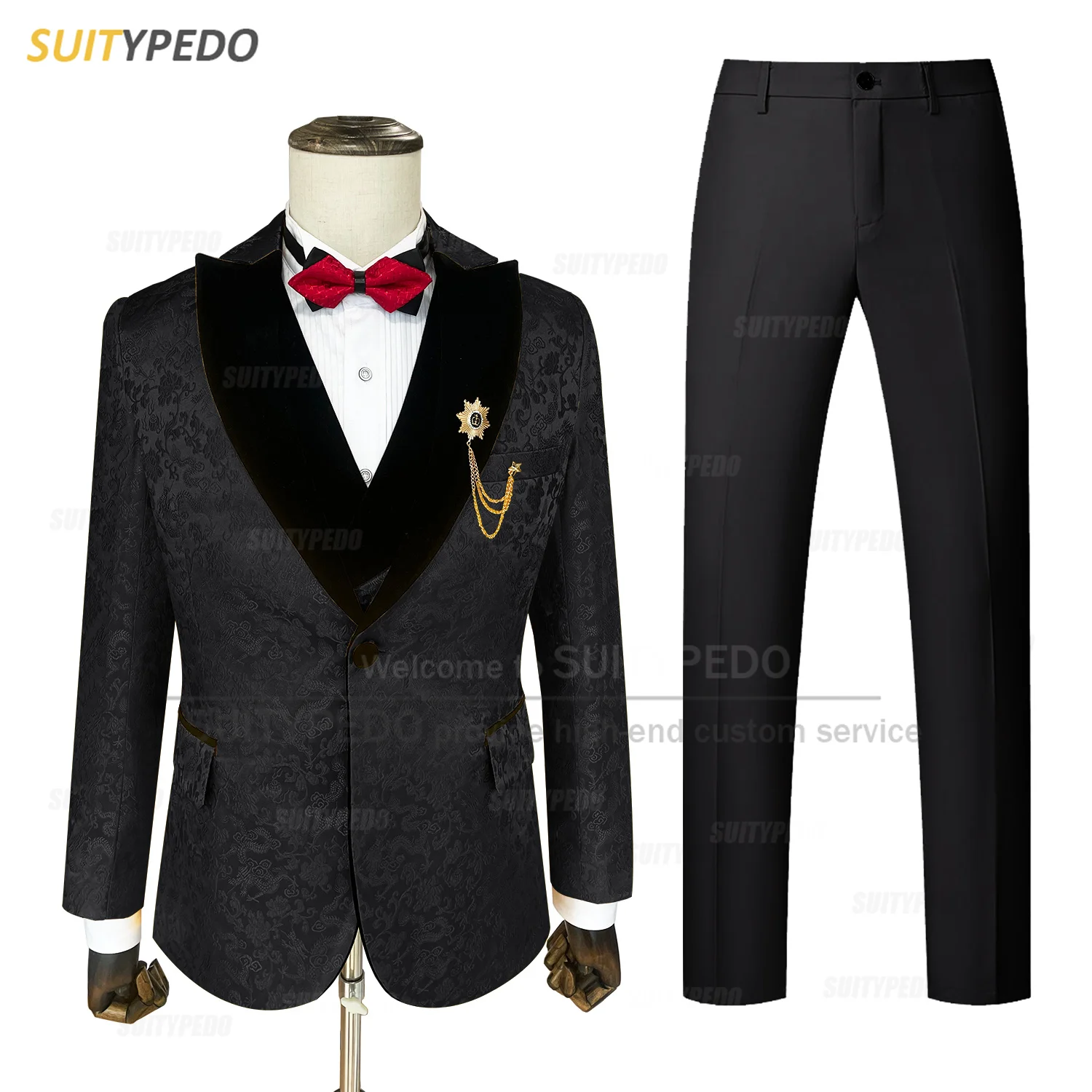 

Jacquard Suit For Men Velvet Lapel Blazer Vest Pants Wedding Party High Quality Outfits For Grooms Formal Prom Fashion Costumes