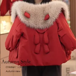 2023 Girls winter coat plus cashmere pie to overcome the coat Korean version of foreign style little girl down jacket