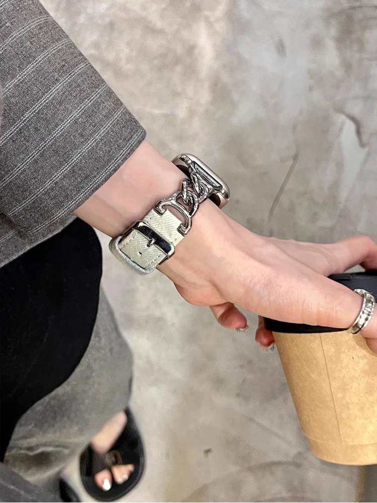 Cinturino in acciaio inossidabile di lusso per iWatch Ultra 9 8 7 SE 6 5 cinturino in Denim lavabile per Apple Watch 38MM 40MM 42MM 45MM 49MM