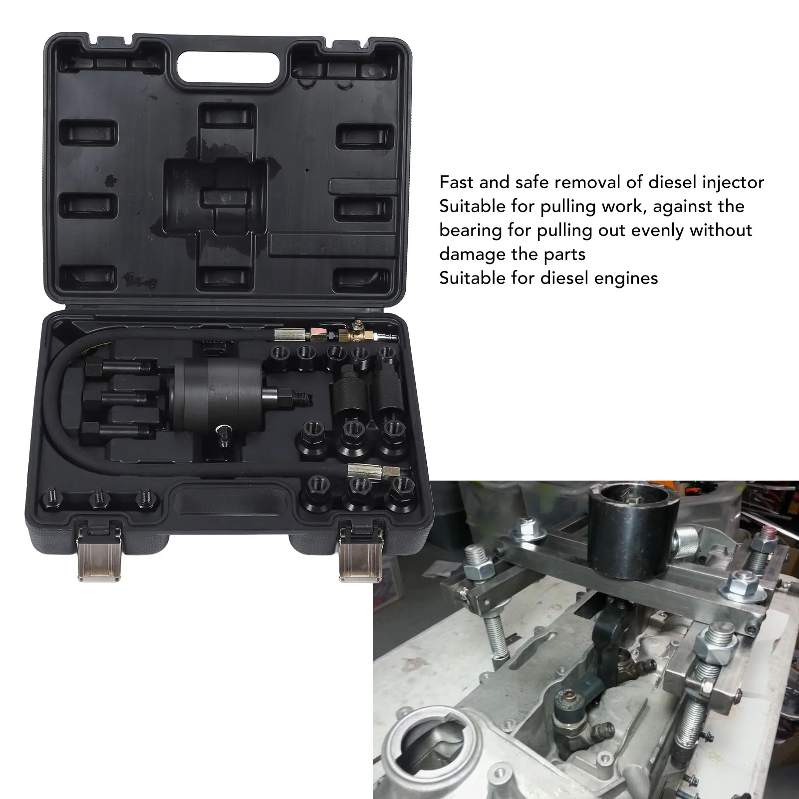 21PCS Diesel Injector Puller Kit Diesel Injector Extractor Tool 19 Adapters Pneumatic Heavy Duty with Storage Box for Engines