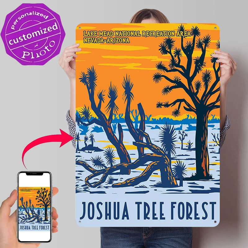Joshua Tree Forest WPA Personalized 3D Textured Metal Poster Wall Art Tinplate Sign for Modern Home Decoration Room Decor Luxury