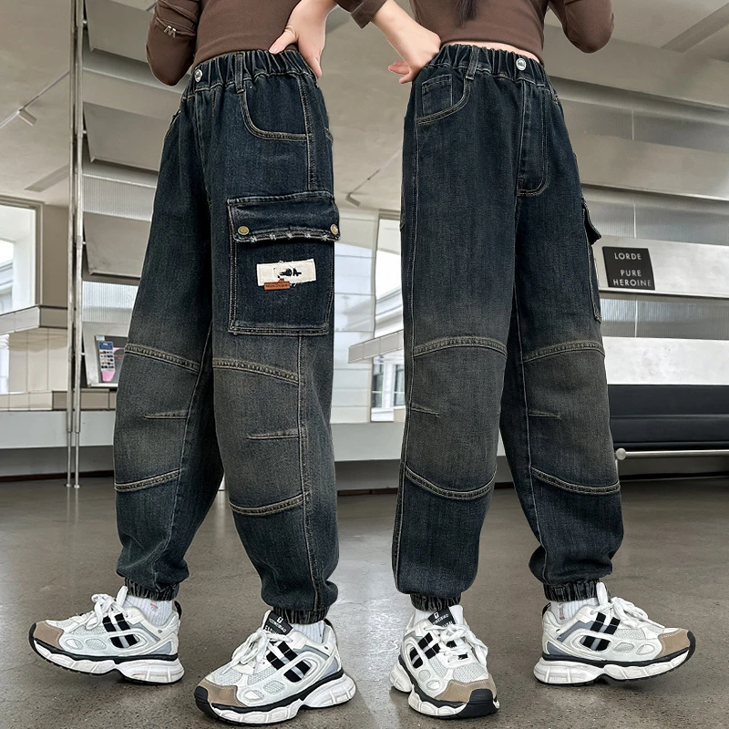 

Elegant Children Distressed Tapered Fit Jeans with Pocket for Boy Girl Casual Pencil Cargo Jeans Kids Autumn Denim Pants 5-14Y