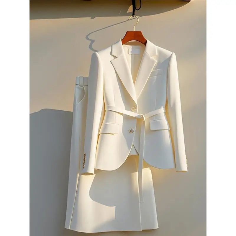 2024 Autumn New Women\'s Off White Two Piece Set Long Sleeve Notched Collar Office Blazer Top + High Waist Female Skirt Chic Suit