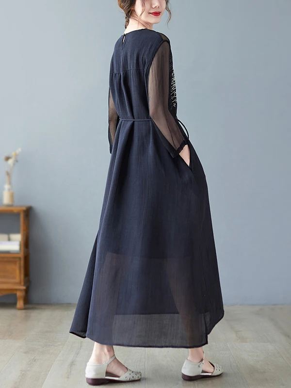 Couleur artistique Blo brodé Me panneaux Long Dr grande taille t-shirt femme quart Sve rond Ne une jupe trapèze