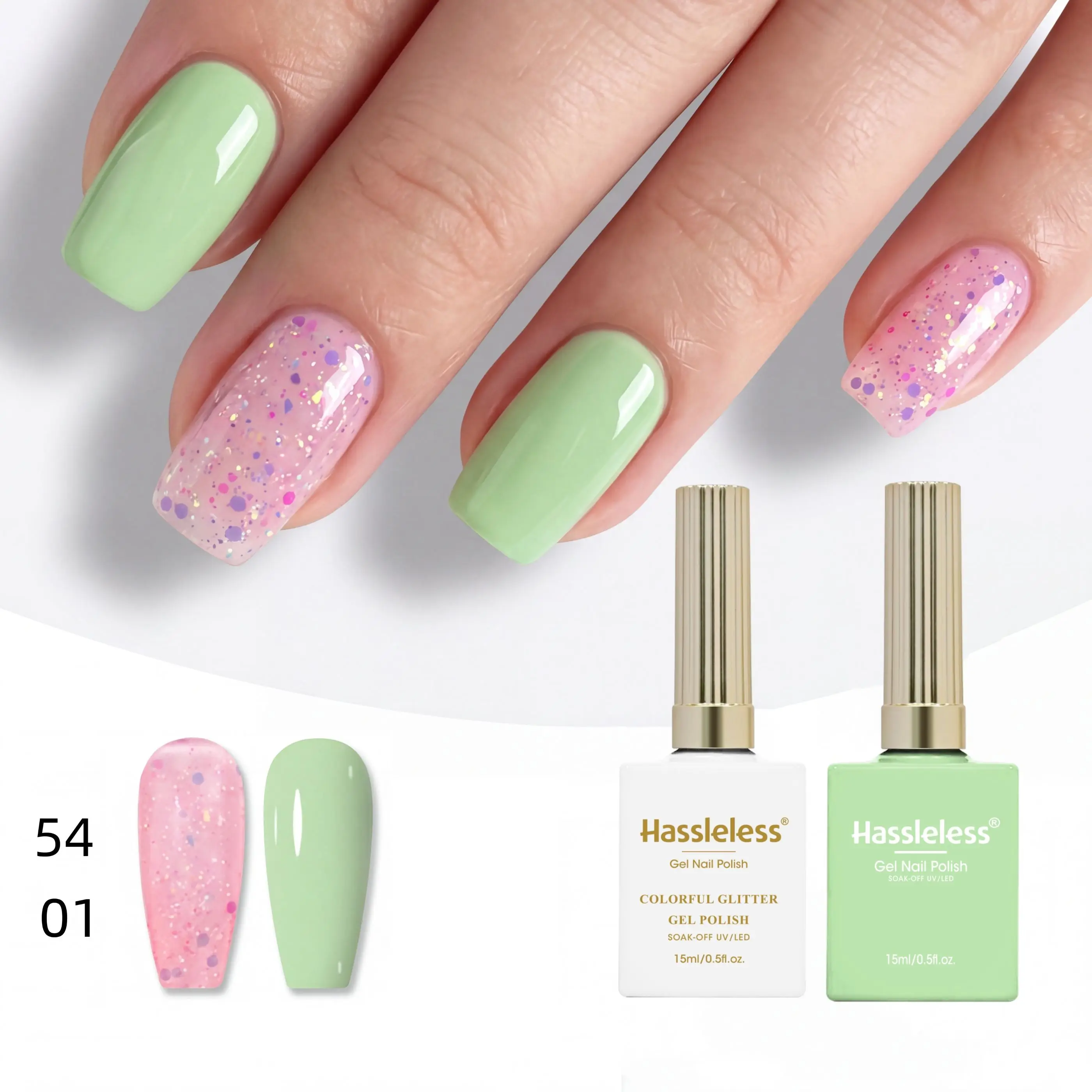 Hassleless 2Pcs Summer Fresh Nail Gel Set: Mint Green Solid Color Gel Polish + Pink Iridescent Large Glitter Nail Gel Uv Removable Nail Polish Beginner DIY Nail Kit