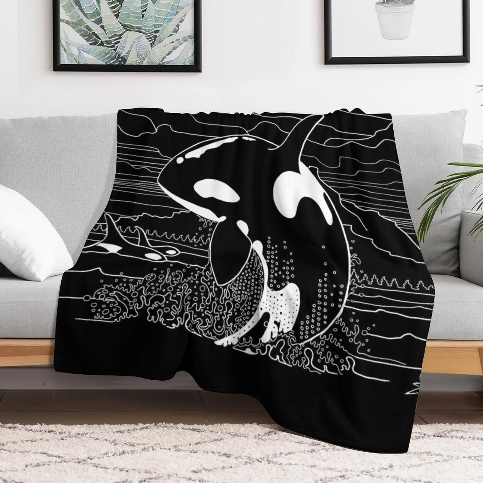 

Orca; White on Black Throw Blanket Custom bed plaid Sofa Cute Plaid Blankets
