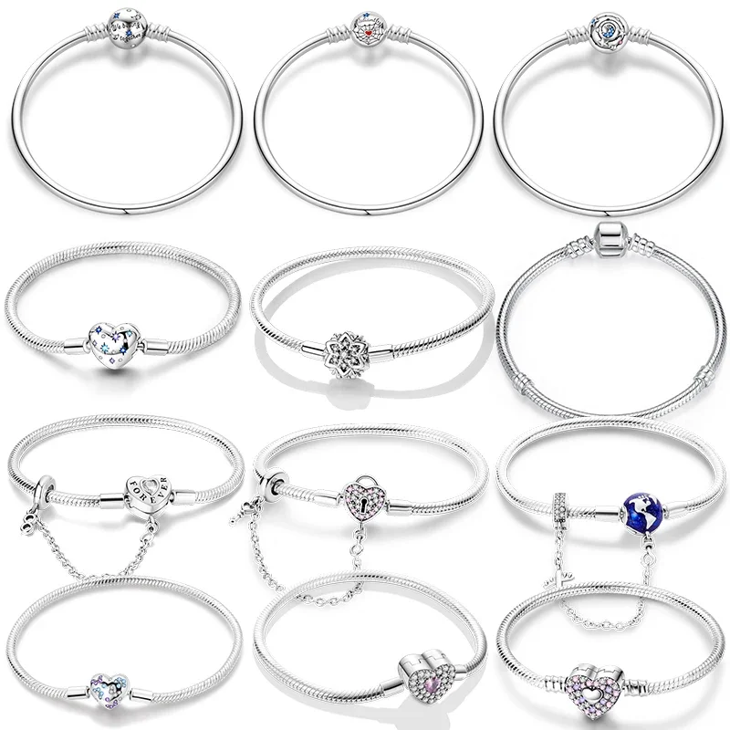 

925 Silver Heart Star Moon Snowflake Butterfly Bracelet for Women, 17-20cm, DIY Charm Jewelry Gift
