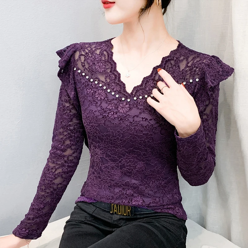 

Korean Fashion Hollow Out Lace Tops Spring Autumn Long Sleeve Diamond Shirt V-neck Ruffles Women Blouse