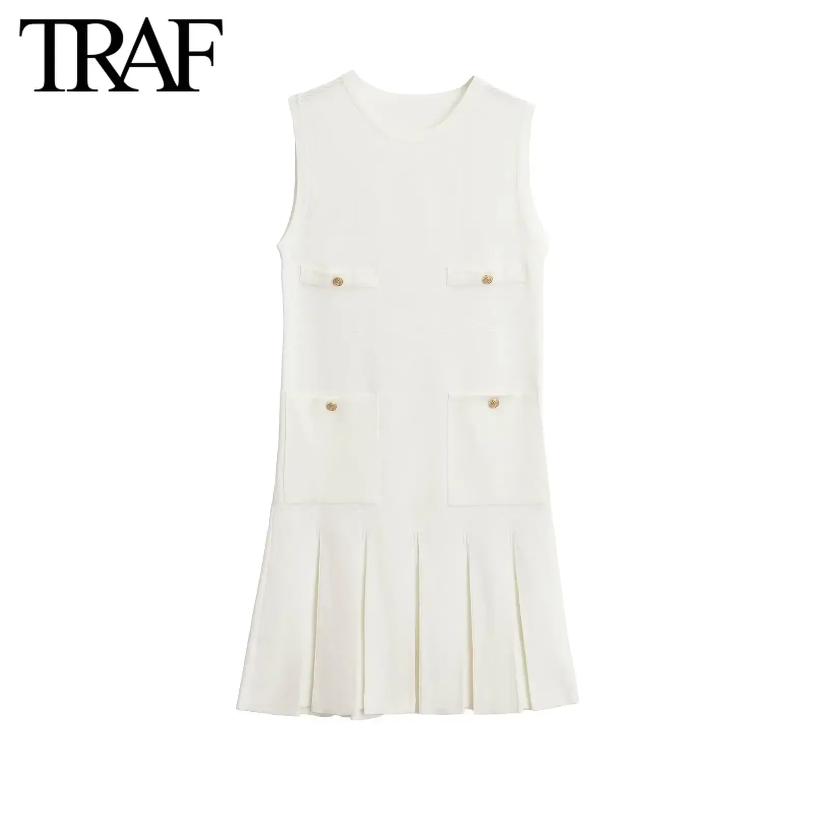 TRAF Women Fashion Summer New Yellow Buckle Pocket Wide Pleated Knitting Crewneck Vest Mini Dress Chic Female Elegant Evening