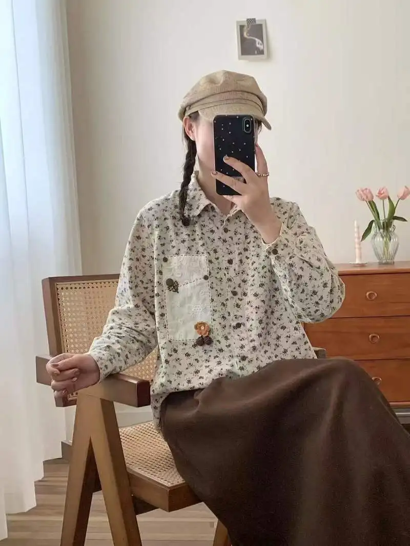 신상품 2025 겨울용 면 긴팔 브러시드 셔츠, 여성용 라펠 프린트 자수, 모리 걸 프레리 시크 루즈 블라우스 T5N556CC