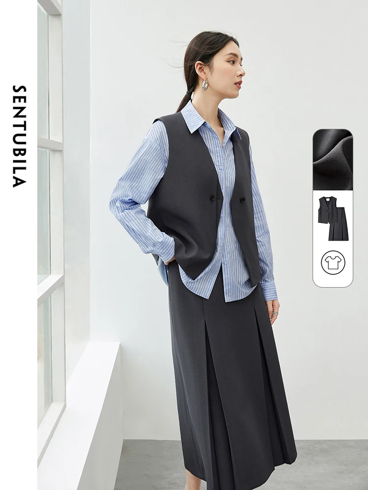 SENTUBILA Office Two Piece Set Women 2024 Autumn Sleeveless V Neck Vest A Line Folds Long Skirt New Matching Sets 143Z56485