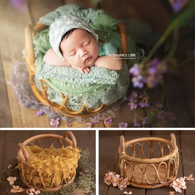 Round Vine Woven Basket for Newborn, Adereços Fotografia para Bebê, Photo Shoot, Cadeira, Cama, Estúdio, Acessórios Fotografia, Menina, Bebê