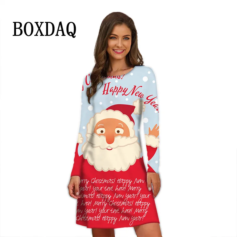 Women Party Dresses Elegant Fashion 3D Printing Dress Santa Claus Long Sleeve Christmas Winter Happy New Year Ladies Mini Dress