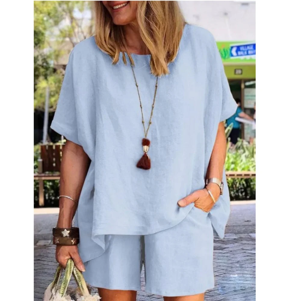 Women\'s casual loose short sleeved top+wide leg shorts 2-piece set 2024 summer set cotton linen shirt shorts